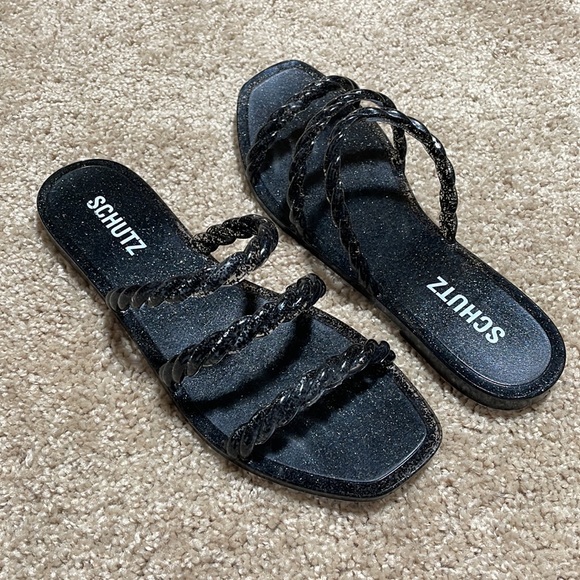NIB 8B SCHUTZ Glitter jelly black pool slides mules sandalia Diana sandals NEW - Picture 4 of 9